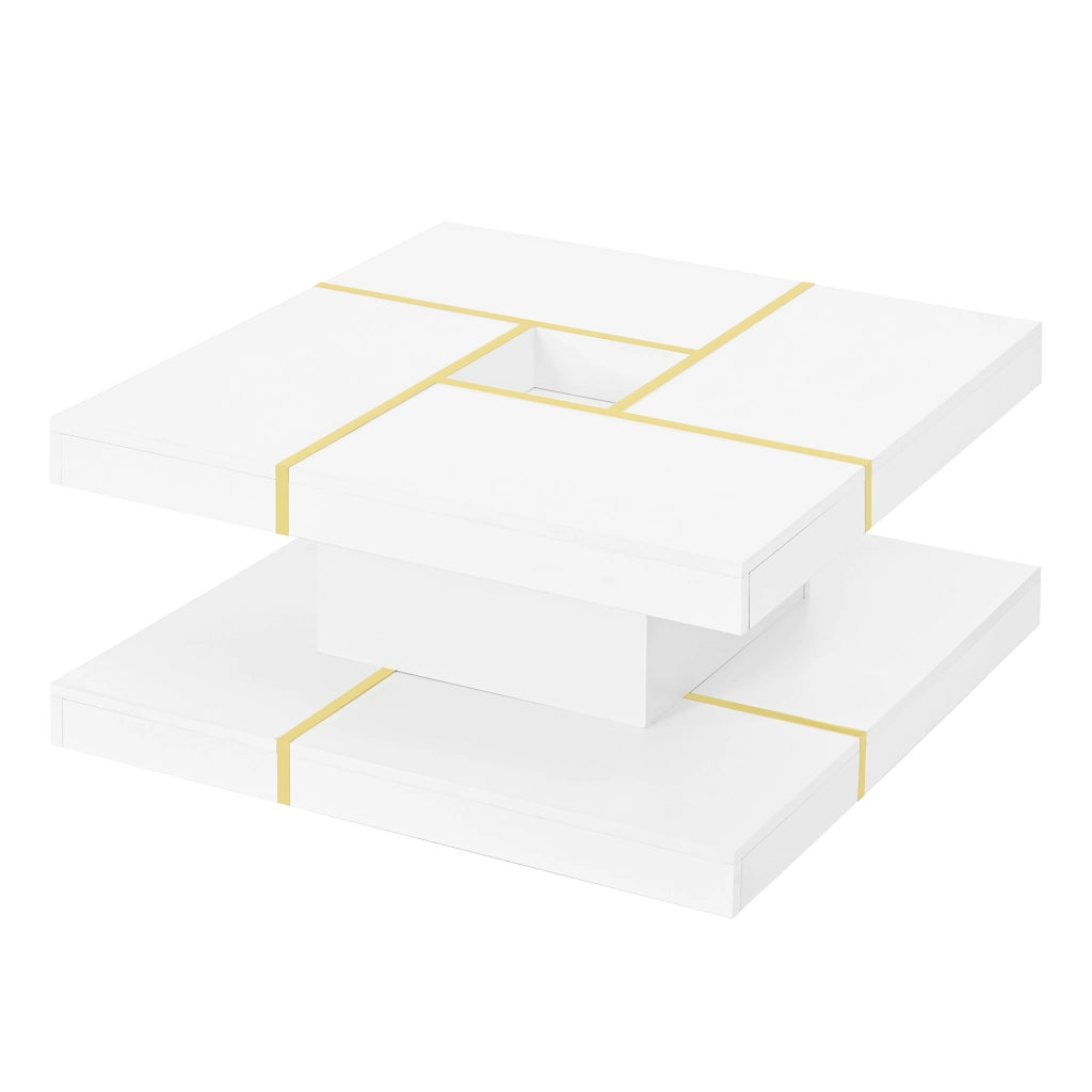 TAVOLINO Quadrato a 2 Livelli 80x80x38 cm Bianco con dettagli metallici dorati