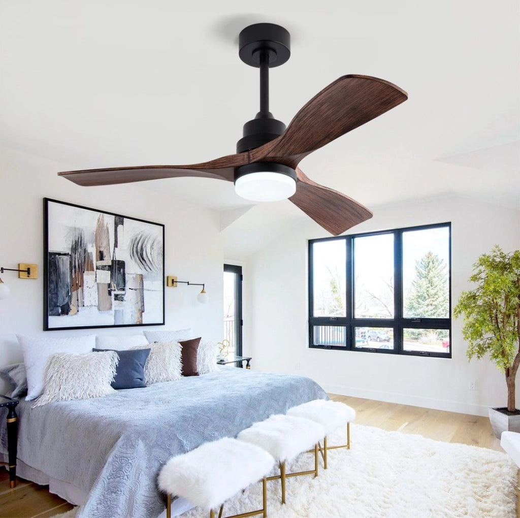 Ventilatore da soffitto con luce LED, 3 pale ABS, motore DC, nero e noce scuro