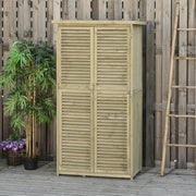 OKWISH Armadio da Giardino con 3 Ripiani e Vano Alto, Ante a Lamelle con Chiusura, Legno Grigio, 87 x 46,5 x 160 cm