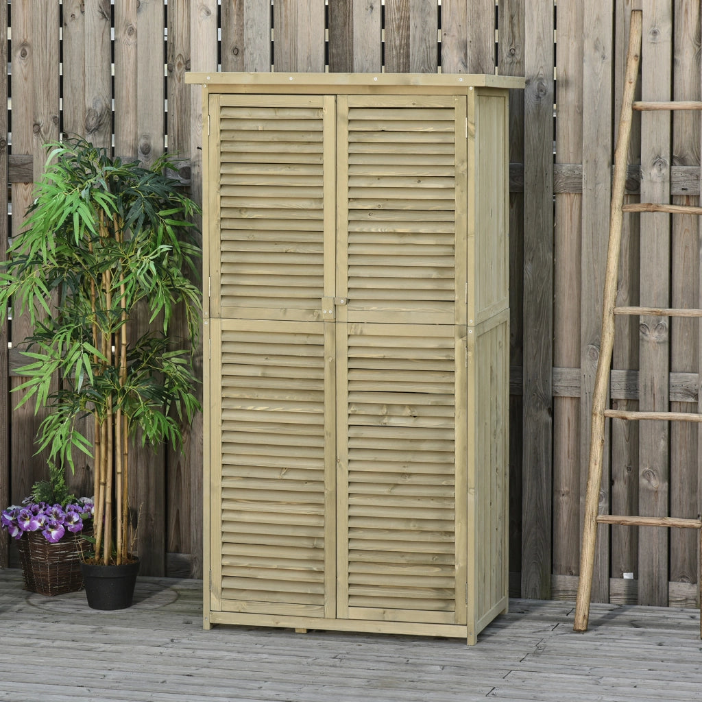 OKWISH Armadio da Giardino con 3 Ripiani e Vano Alto, Ante a Lamelle con Chiusura, Legno Grigio, 87 x 46,5 x 160 cm