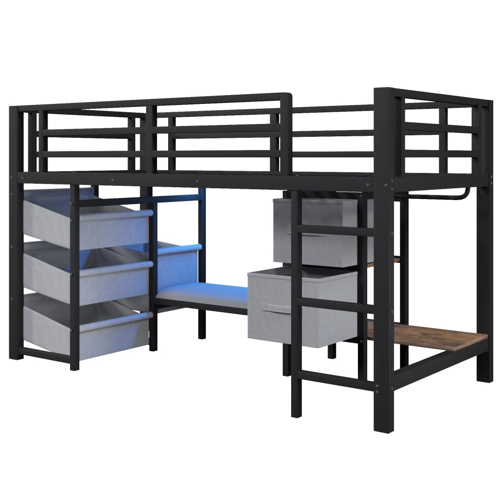 OKWISH Letto a soppalco 90×200 cm, Letto Singolo con LED Multicolore, Cuscino Seduta e Contenitore, senza Materasso, in Metallo, Nero