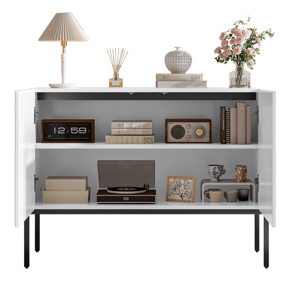 Credenza moderna con 2 ante, struttura in metallo e design ad arco, bianca, 100 x 40 x 75 cm