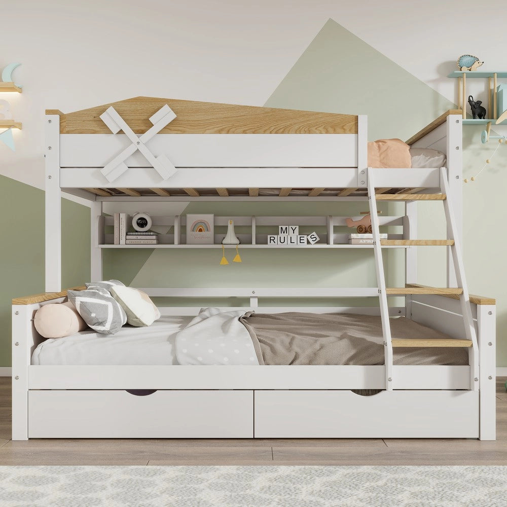 Letto a Castello con Cassetti e Ripiani ¨C MINIMAL ¨C Pino, Bianco/Naturale, 90x200 & 140x200