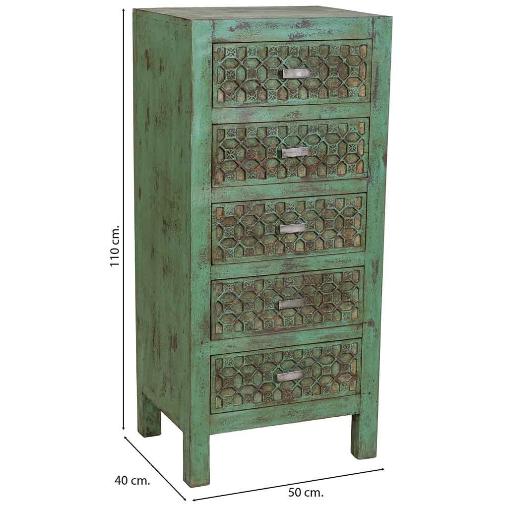 Cassettiera in legno verde fatta a mano 50x40x110h cm
