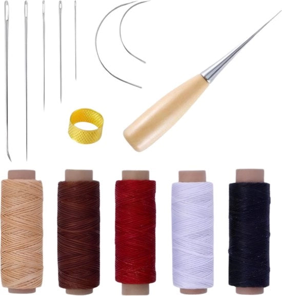 Set di attrezzi per cucire pelli – 5 fili verniciati, 7 aghi per cucire e accessori – per la lavorazione della pelle, borse, scarpe e artigianato