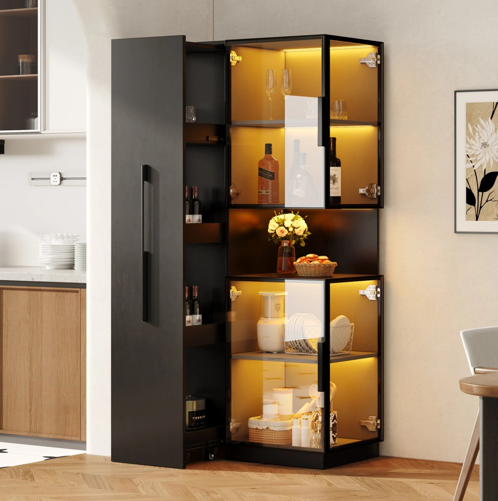Vetrina alta 70x38x160 cm con vetro temperato; ripiani estraibili e LED multicolore; nera