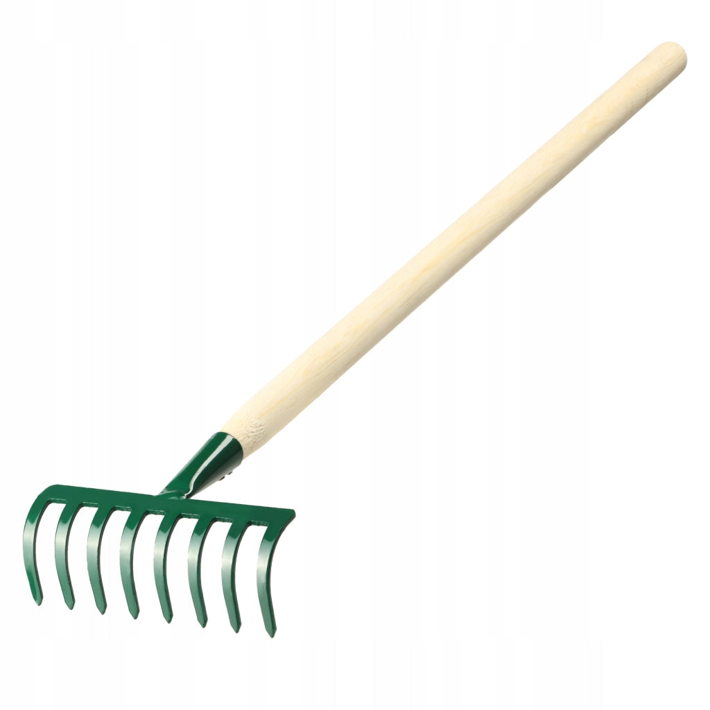 KADAX Piccolo rastrello per foglie ed erba da giardino, 66 cm, 8 denti, manico in legno