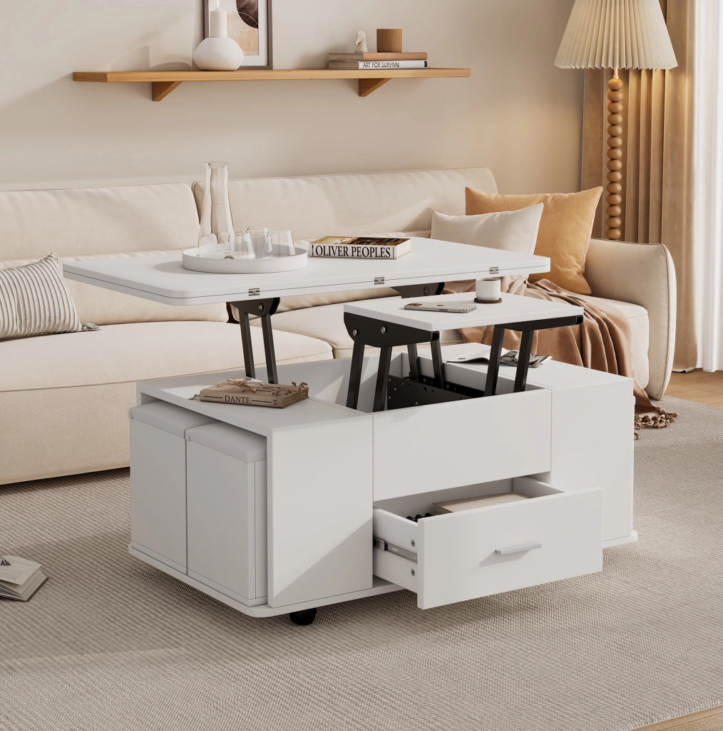 Tavolino da salotto trasformabile 100x50x45 cm in truciolare bianco; con 4 sgabelli contenitori