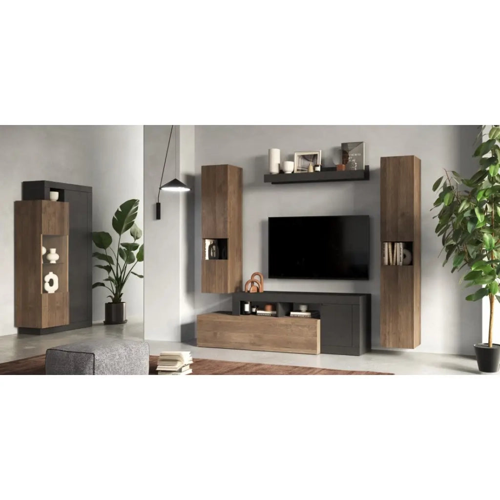 Set di mobili da soggiorno collezione FREDO con cassetto e 3 porte. Colori nero e rovere scuro.