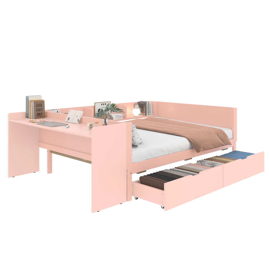 Letto Matrimoniale 140x200 cm; 2 Posti - con Scrivania; 2 Cassetti e Mensole - Rosa