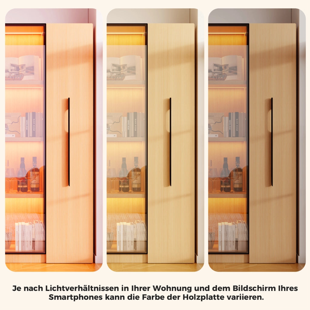 Libreria vetrina con LED e ripiano laterale estraibile, per soggiorno e ufficio, in MDF, rovere, 110,5 × 35 × 160 cm