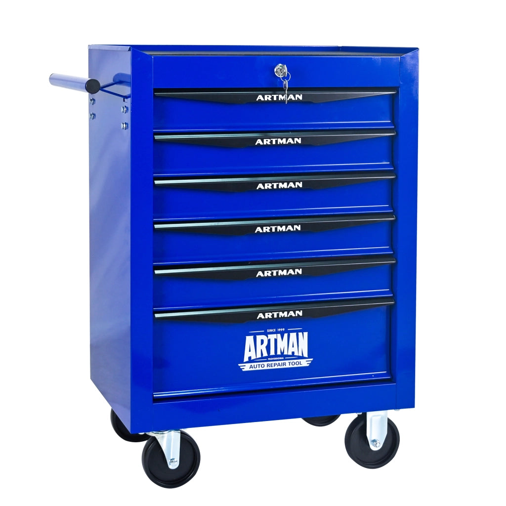 Carrello portautensili con 6 cassetti e serratura, in acciaio su ruote, per officina e garage, nero e blu
