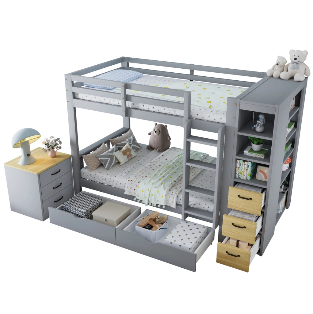 Letto a castello grigio 90x200 cm in legno con 2 cassetti; scala e vano laterale