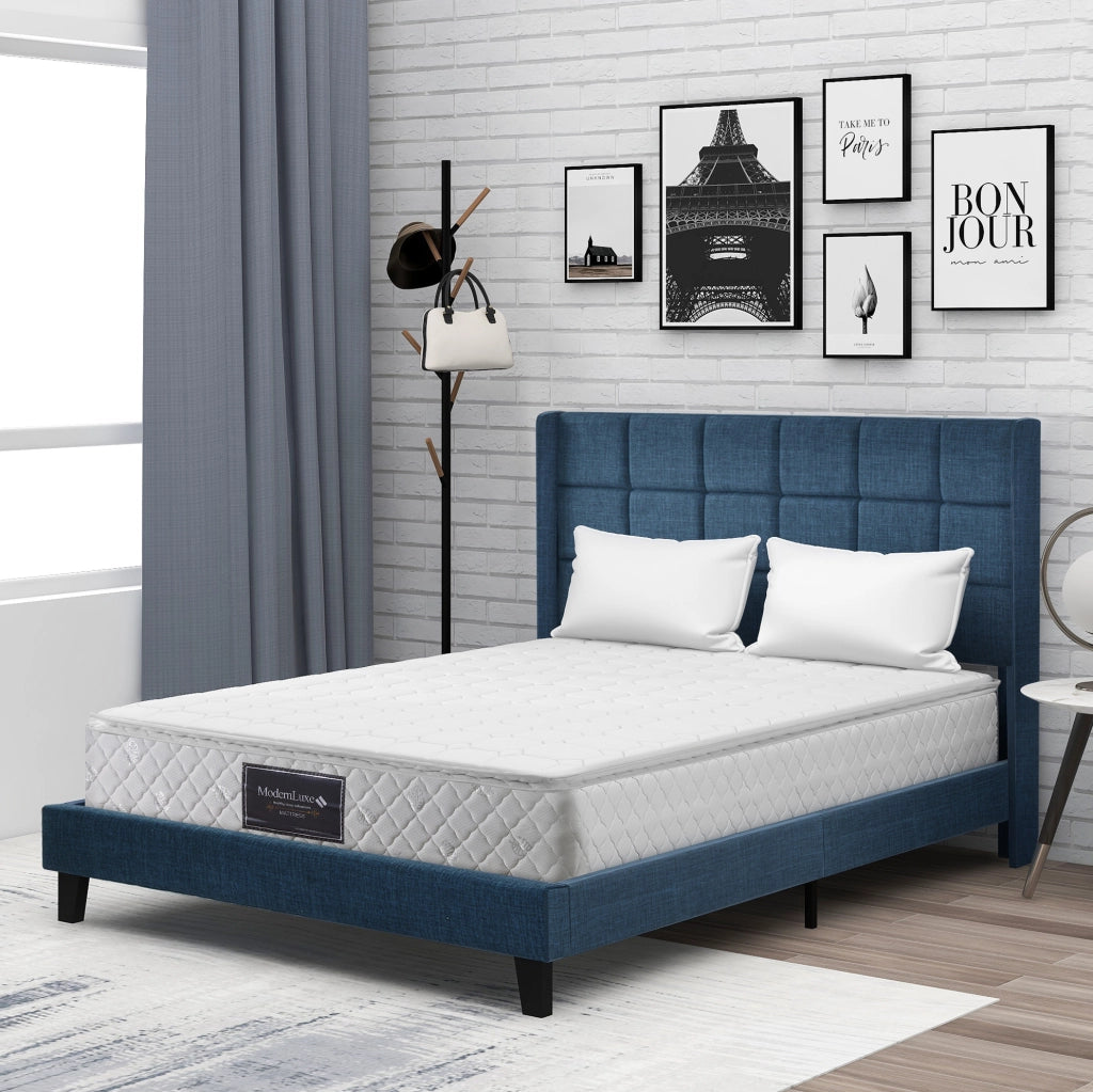Letto matrimoniale imbottito con rete e materasso 140x200 cm; blu in lino; testiera alta