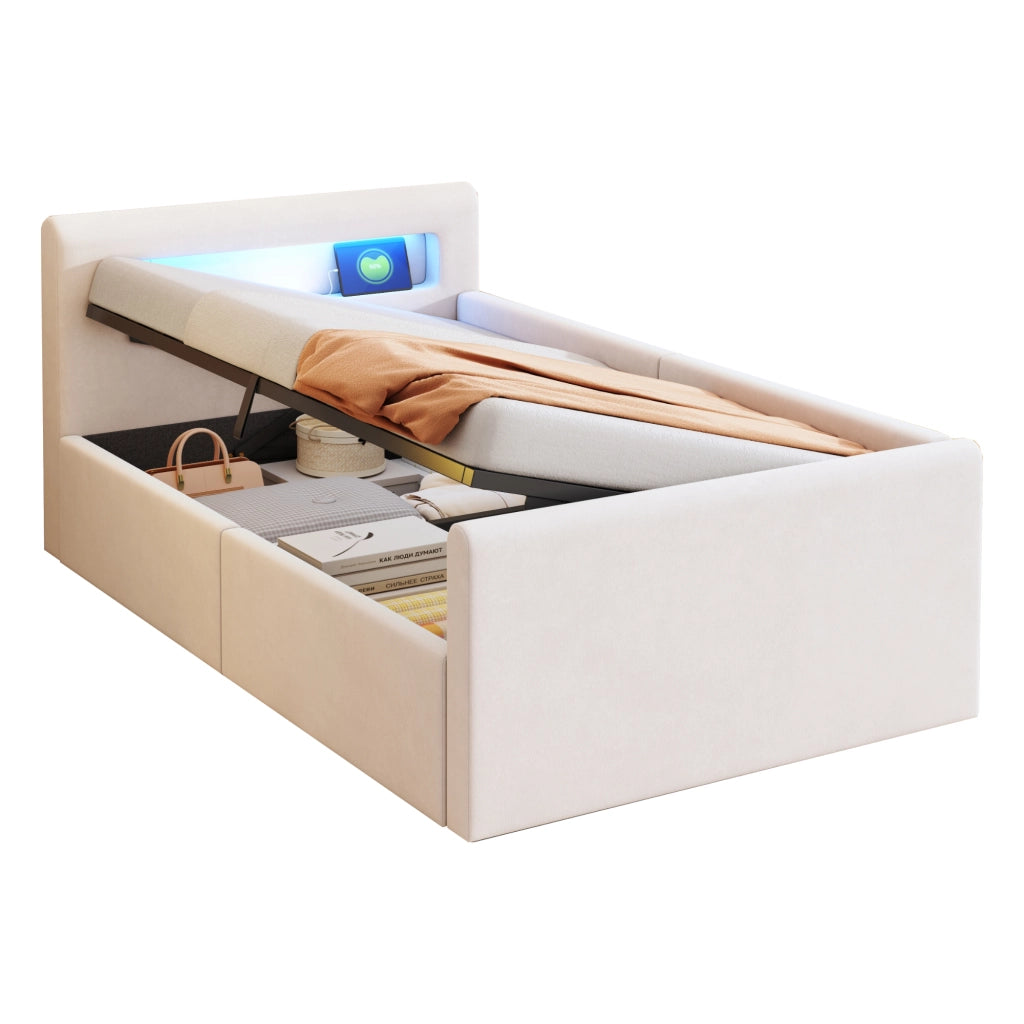 Letto imbottito per bambini in velluto beige con luci LED e USB, letto singolo 90x200