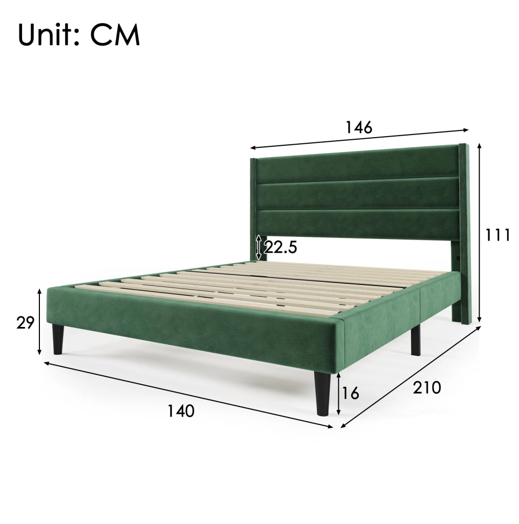 Letto imbottito 140x200 cm con testiera e rete a doghe; velluto verde scuro
