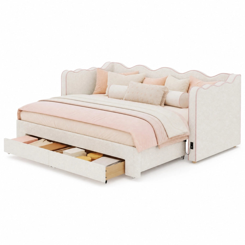 Letto estraibile 90 × 200 cm con 2 cassetti, USB e Type-C, senza materasso, bouclé beige