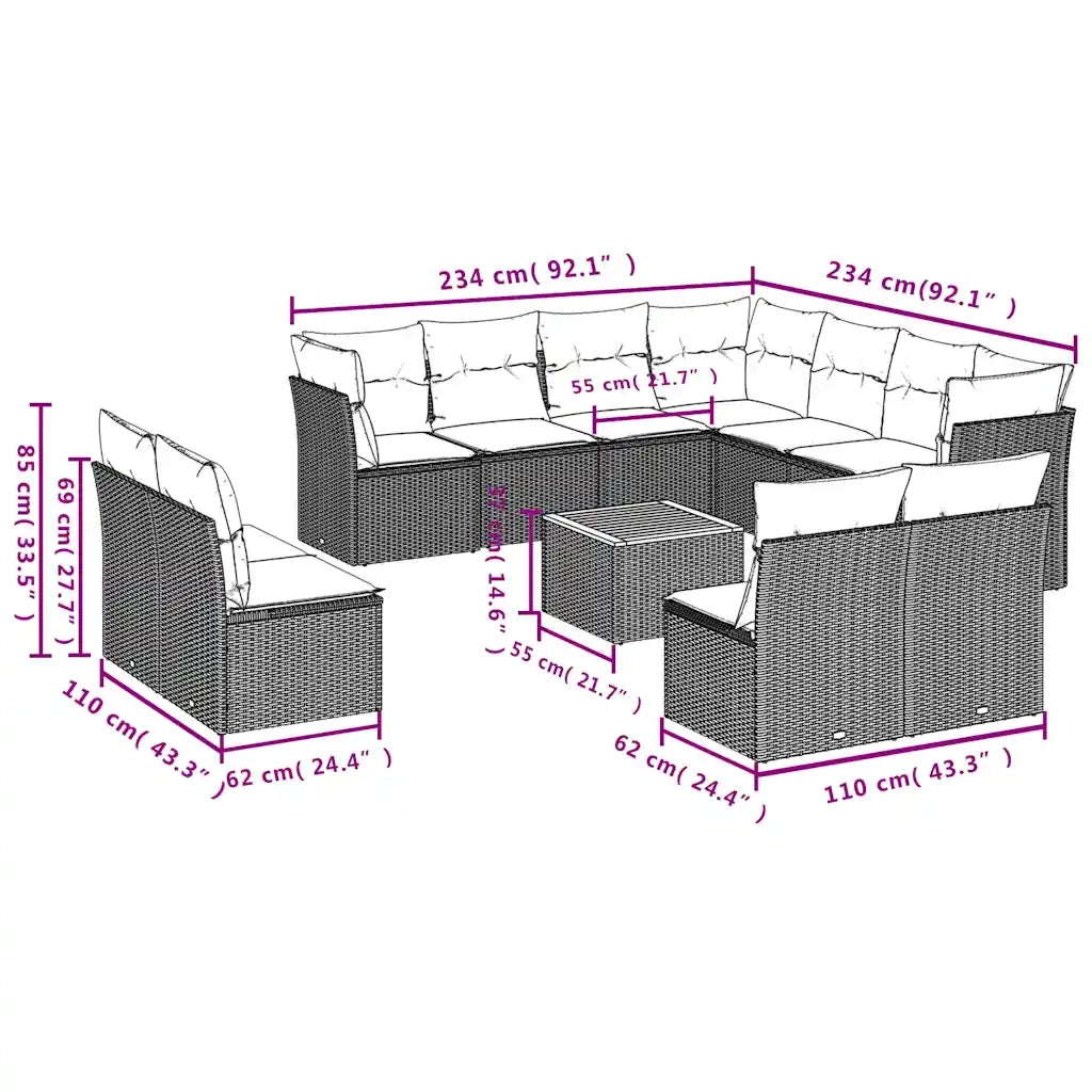 Set Divani da Giardino 12pz con Cuscini Nero in Polyrattan