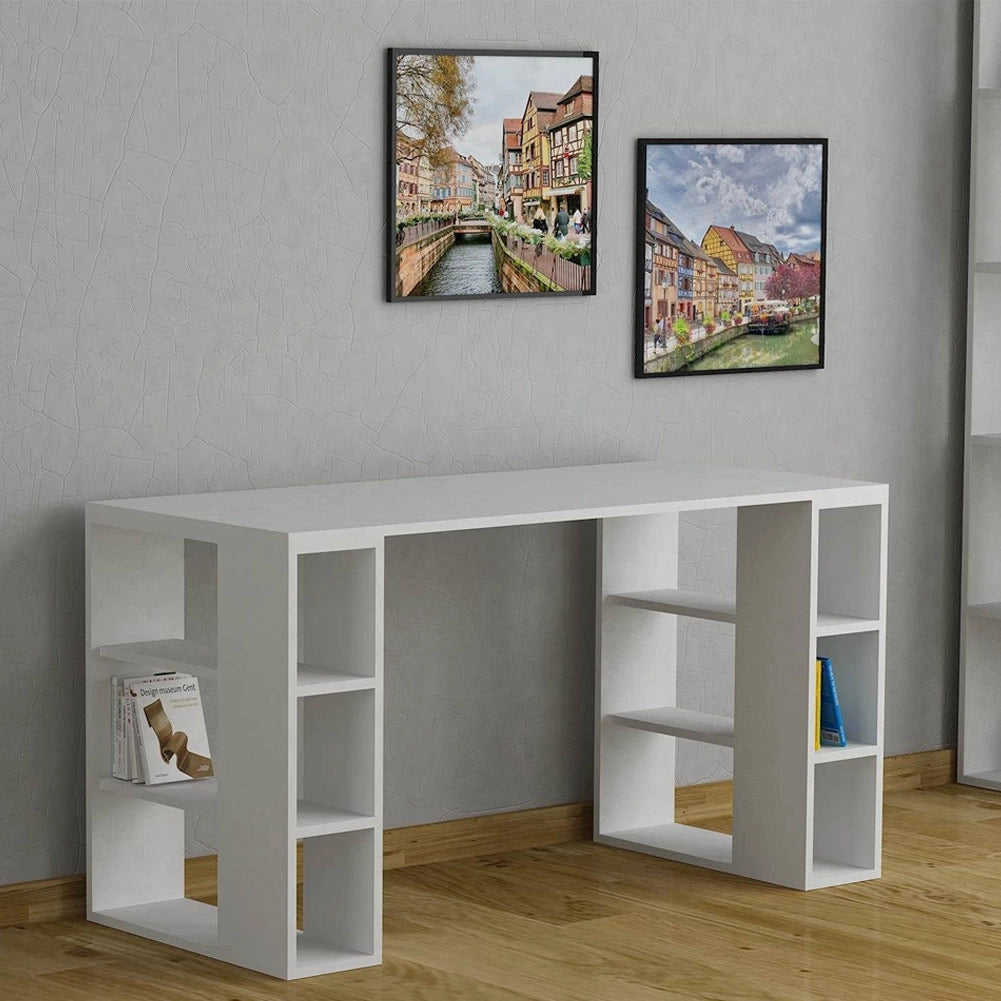 Scrivania Tavolo con Gambe Libreria 140x60x75 cm 6 Scomparti Laterali in Legno Bianco