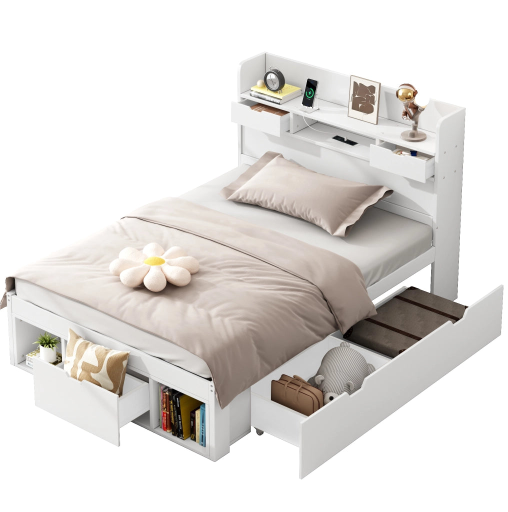 Letto singolo 90x200 cm con USB e grande spazio; pino e MDF; bianco (Senza materasso)