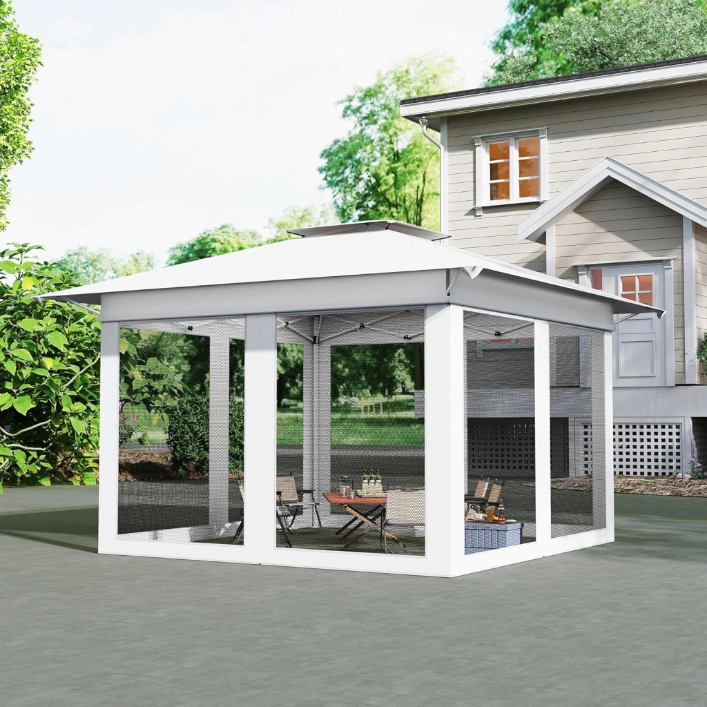 Gazebo 4 x 4 m, impermeabile, stabile, resistente all'inverno, per feste, pieghevole, altezza regolabile con doppio tetto e 4 zanzariere, gazebo da giardino con custodia, colore bianco