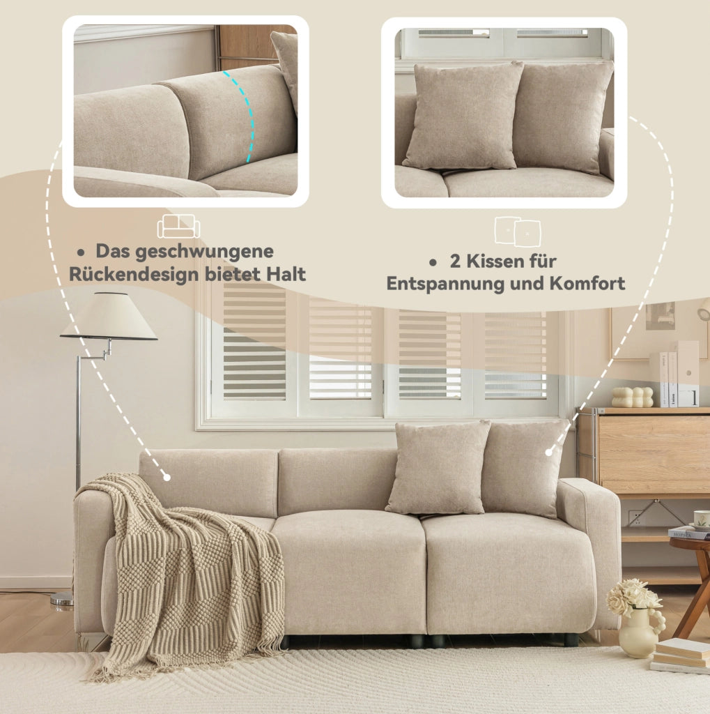 Divano 3 posti in ciniglia beige con 2 cuscini, 211 cm