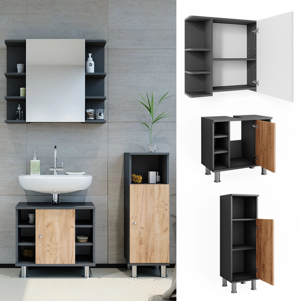 Vicco Armadio a specchio per il bagno Antracite/quercia dorata 3 pezzi con unità midi