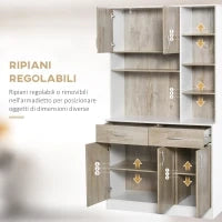 Mobile Buffet Dispensa Cucina, Ante Cassetti e Vani Aperti, 100L x 39P x 181.5Acm Bianco e Legno