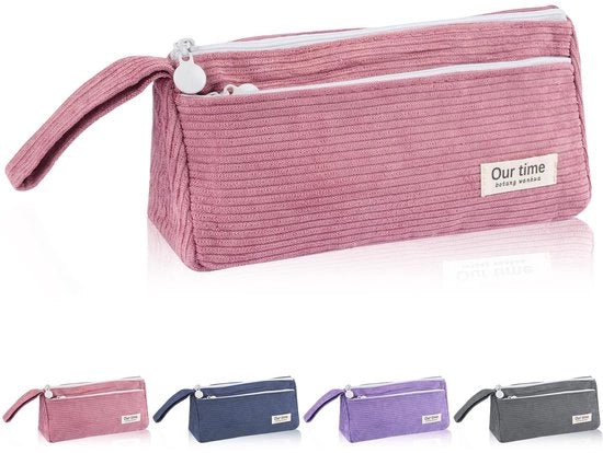 Etui a Puntasele con Stoffa a Corda, con Manico, Etui Portatile con 2 Compartimenti, Etui Lavabile, Etui per Scuola, Ufficio e Viaggi (Rosso)