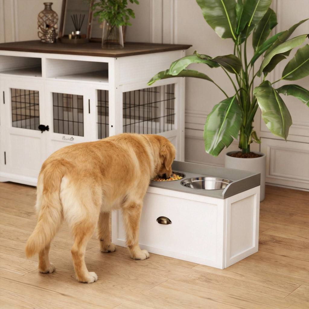 Ciotole per Cani Rialzate in Acciaio Inox e Legno con Cassetto, 60x30x36cm, Bianco e Grigio