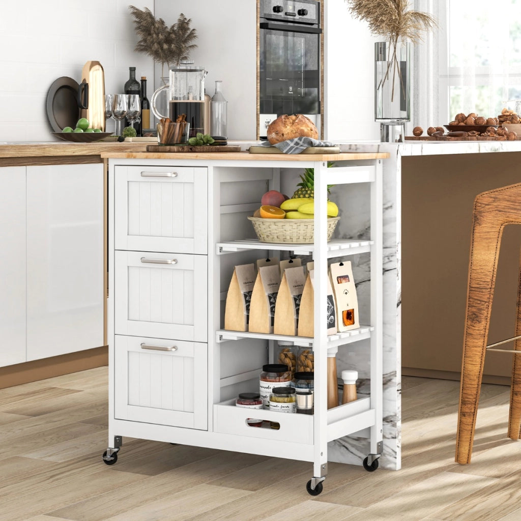 Isola cucina con ruote bloccabili piano in legno di gomma e 2 ripiani rimovibili-Carrello multiuso Bianco