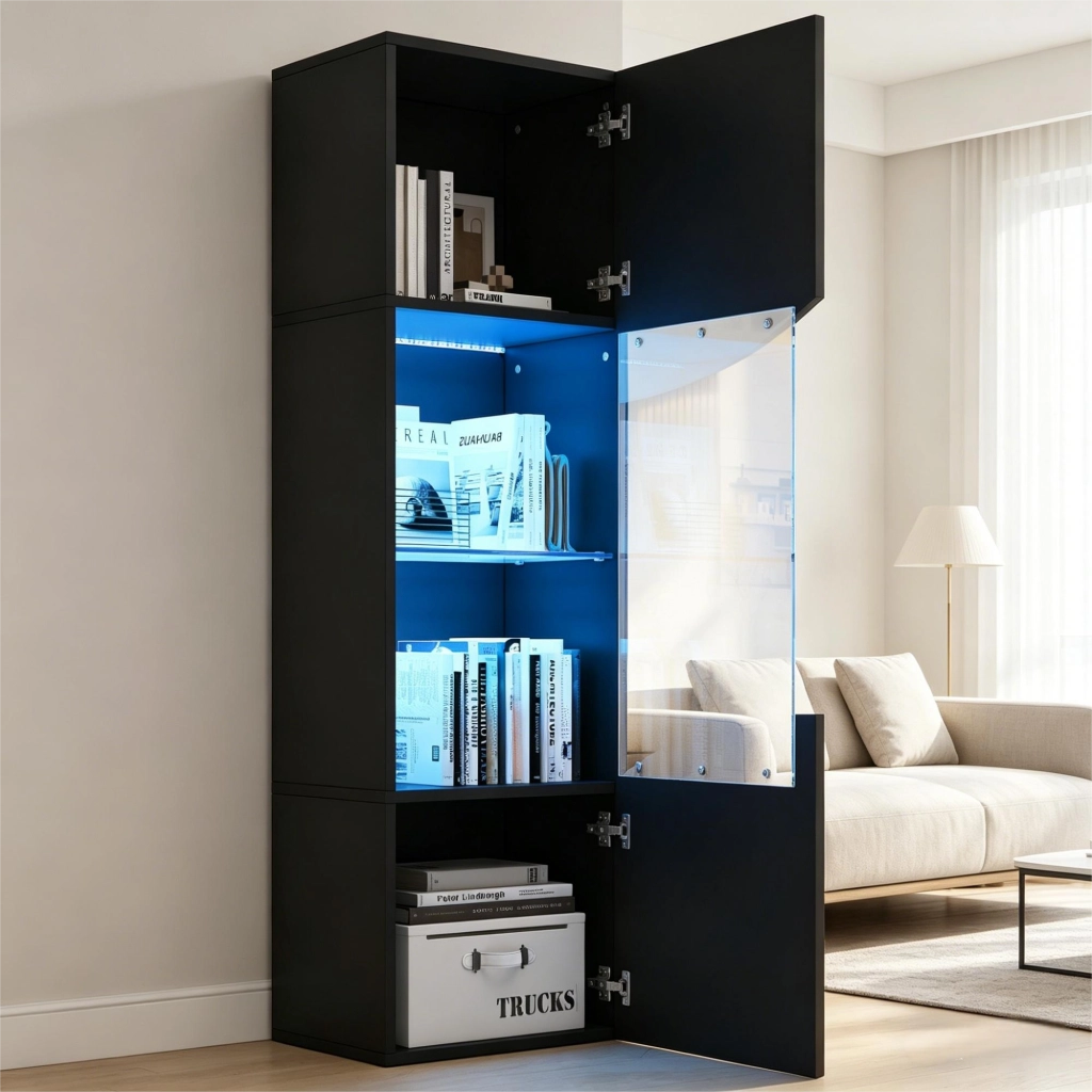 Vetrina alta con 4 ripiani e LED per soggiorno, design stretto, in vetro temperato, nero lucido, 35 × 50 × 165 cm
