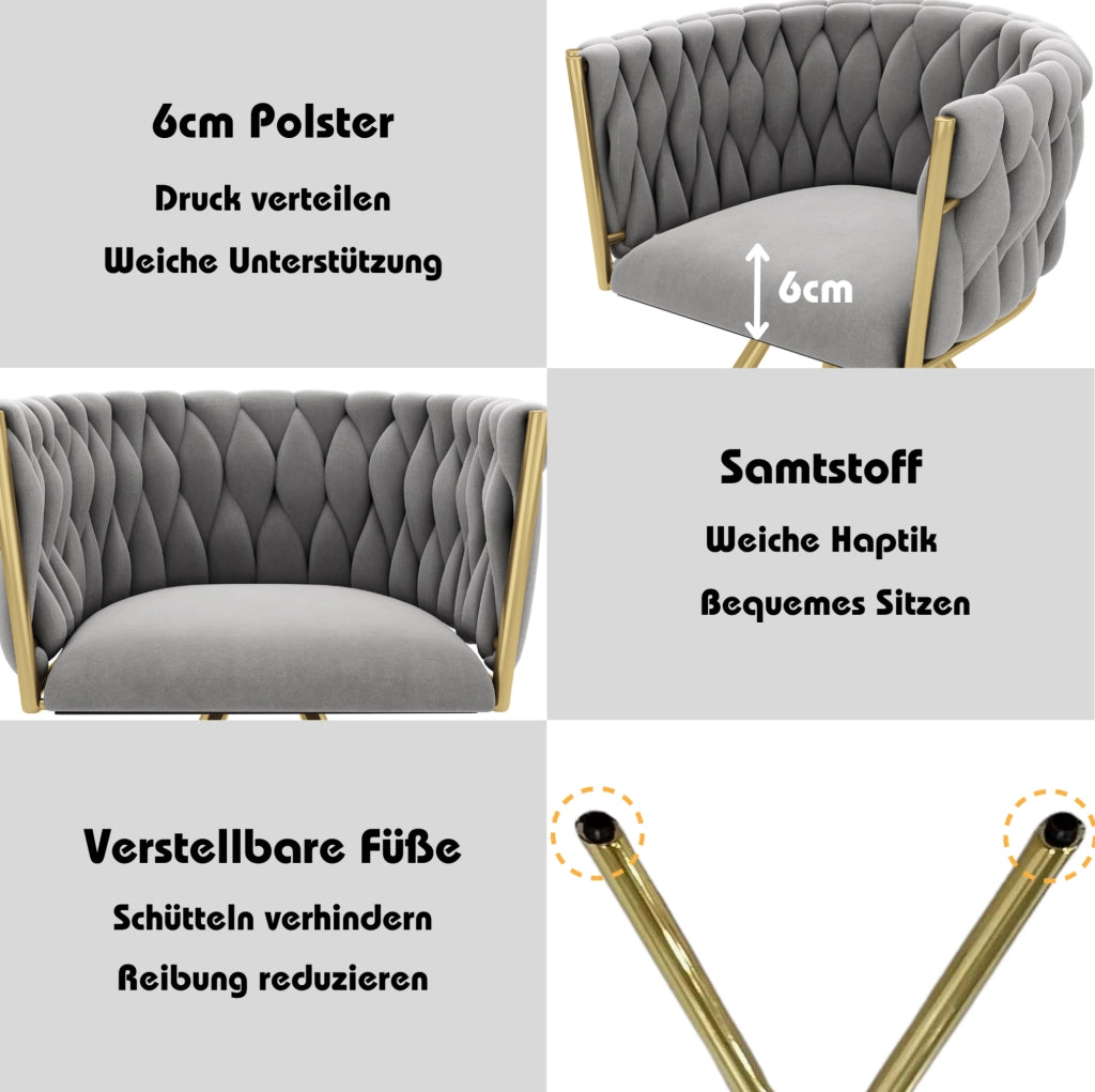 Set 6 sedie da pranzo girevoli 360° in velluto grigio e oro; con struttura in acciaio