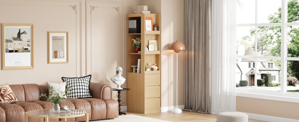 Libreria con 3 vani aperti e 3 cassetti, lato reversibile, con sicurezza antiribaltamento, rovere, 60 × 40 × 200 cm