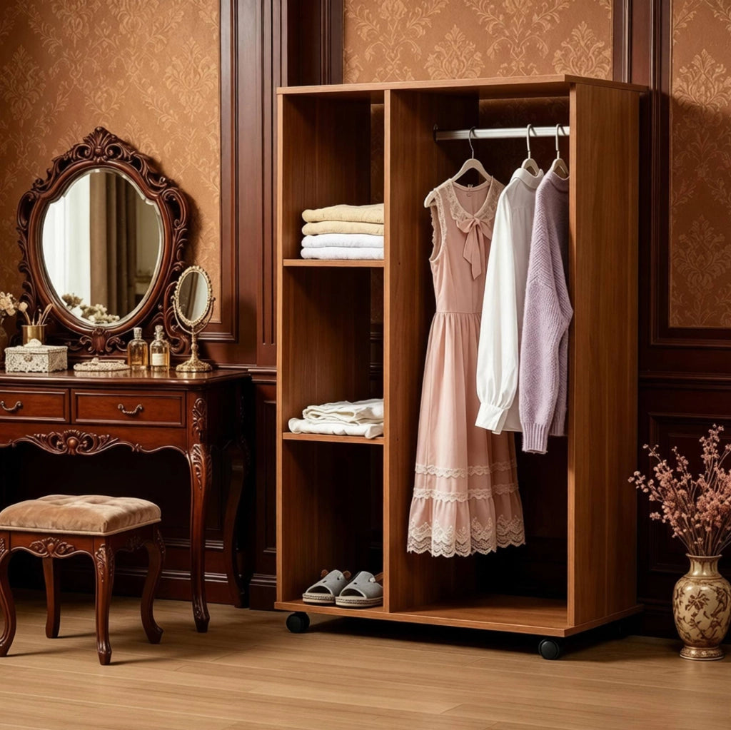 Armadio aperto mobile 80x40x128 cm con 4 ruote; ripiani e asta in alluminio; truciolare noce