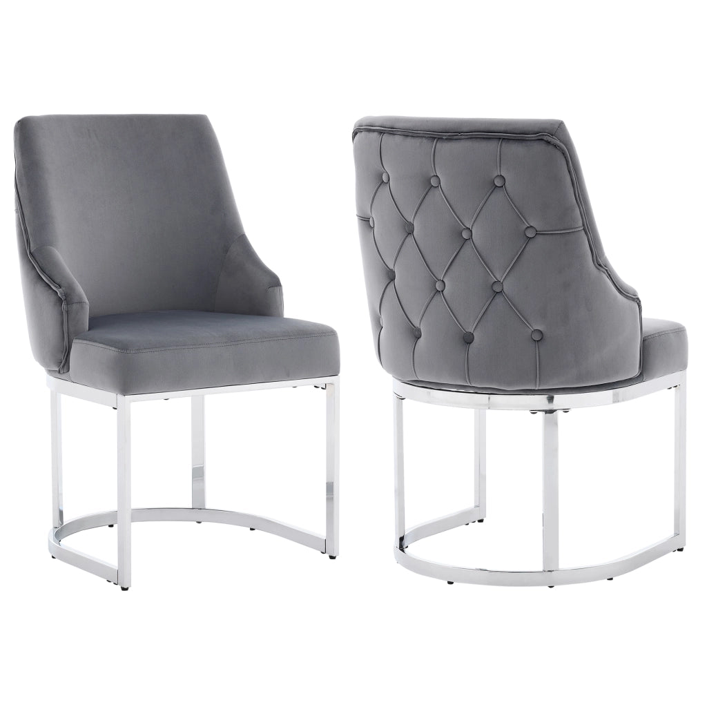 Set di 2 sedie da pranzo in velluto grigio e metallo argentato, schienale trapuntato, stile moderno