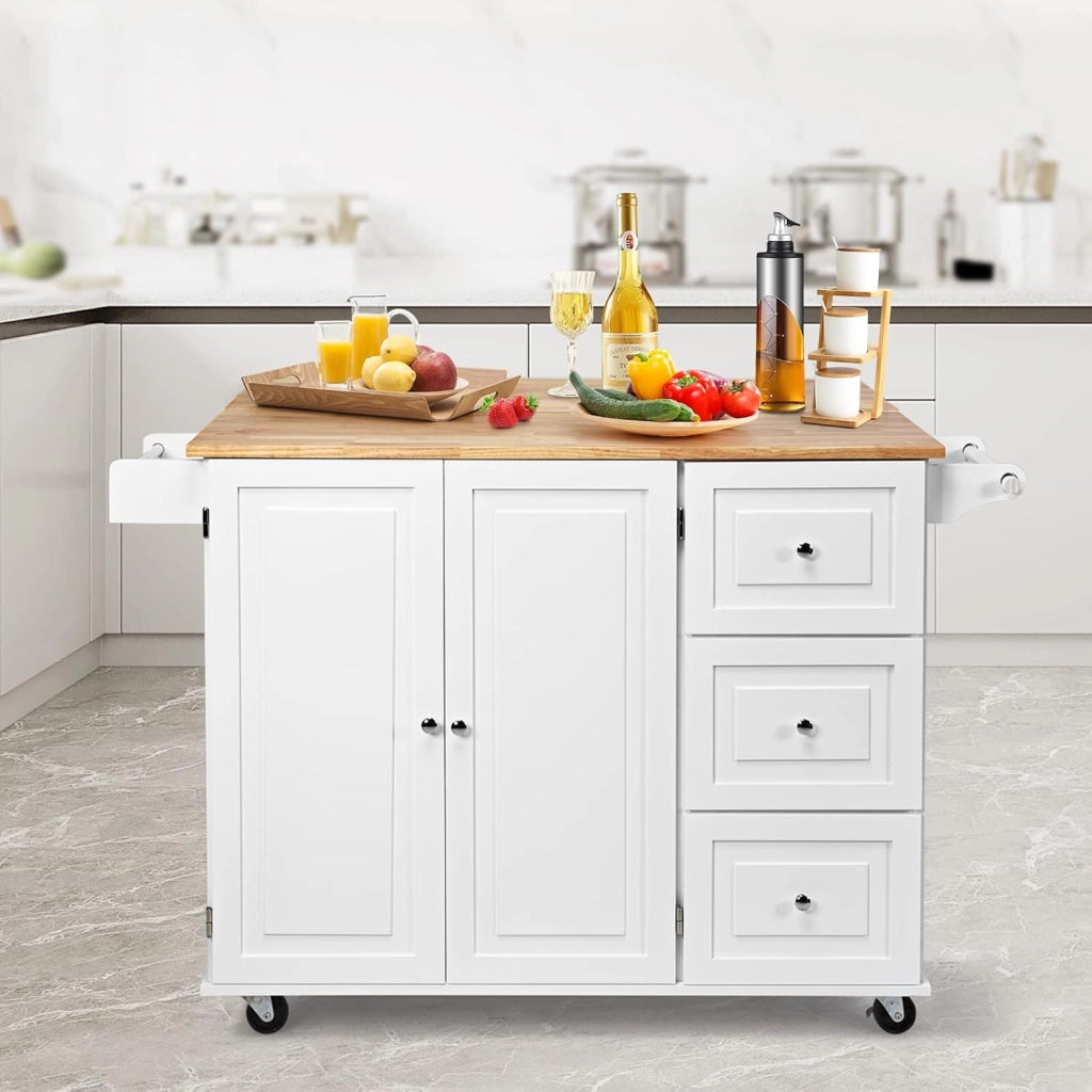 Carrello da Cucina, Credenza Mobile Salvaspazio, Ruote con 2 Freni, Piano Pieghevole, 2 Ripiani Regolabili, 3 Cassetti, 2 Ante, Portaspezie e Portasciugamano, 111x76x91 cm, Bianco