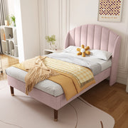 Letto imbottito singolo 90x200 cm in velluto rosa con rete a doghe e testiera