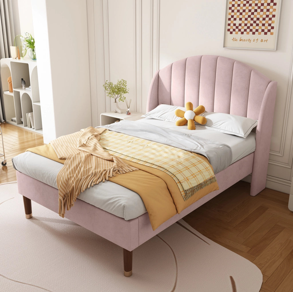 Letto imbottito singolo 90x200 cm in velluto rosa con rete a doghe e testiera