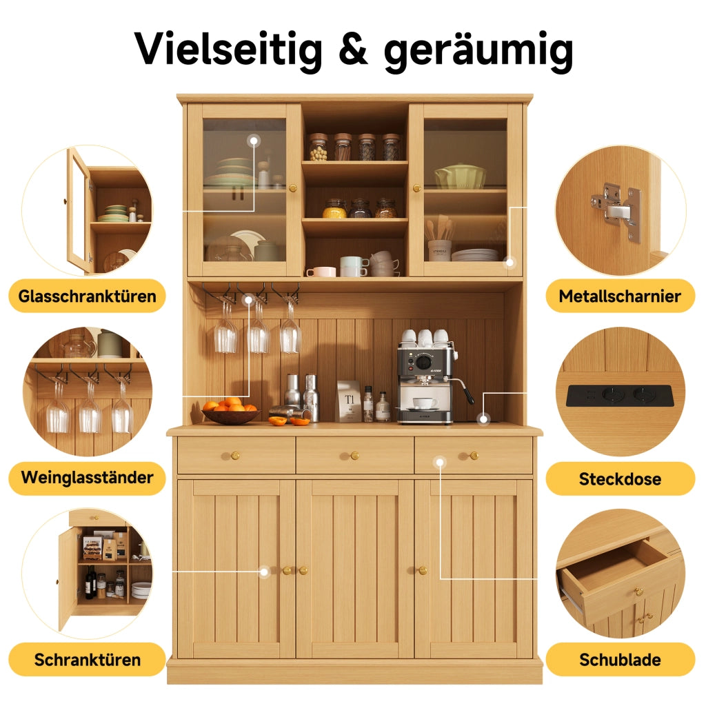 Credenza alta con vetrina, 1 cassetto e prese USB, per cucina e sala da pranzo, rovere naturale, 120 × 40 × 191 cm