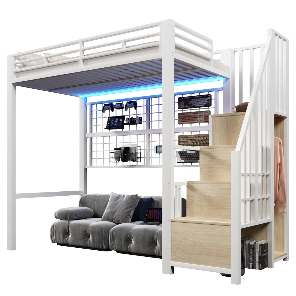 Letto a soppalco in metallo 90x200 cm con guardaroba; scala contenitore; barre appendiabiti; LED 7 colori e spazio aperto; bianco