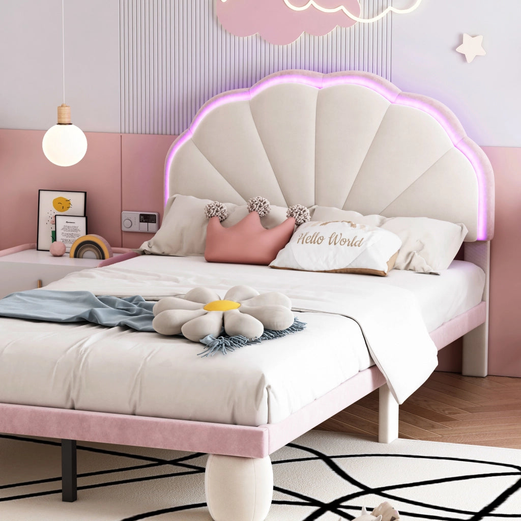 LETTO imbottito 90x200 cm in velluto Beige+Rosa con strisce LED multicolore
