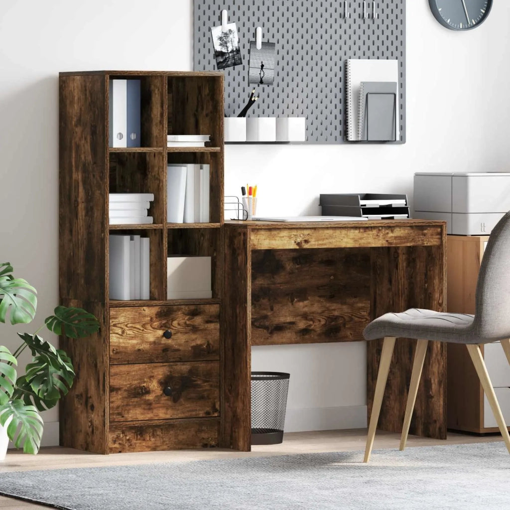 Scrivania | Tavolo da Ufficio con cassetto con lo scaffale 2 pz Rovere fum¨¦