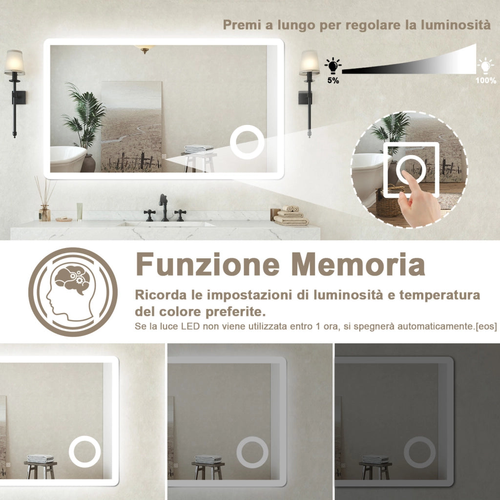 Specchio bagno Rettangolare 140x80cm Led Con 3 Luci + 3X Lente d'ingrandimento + Antiappannamento