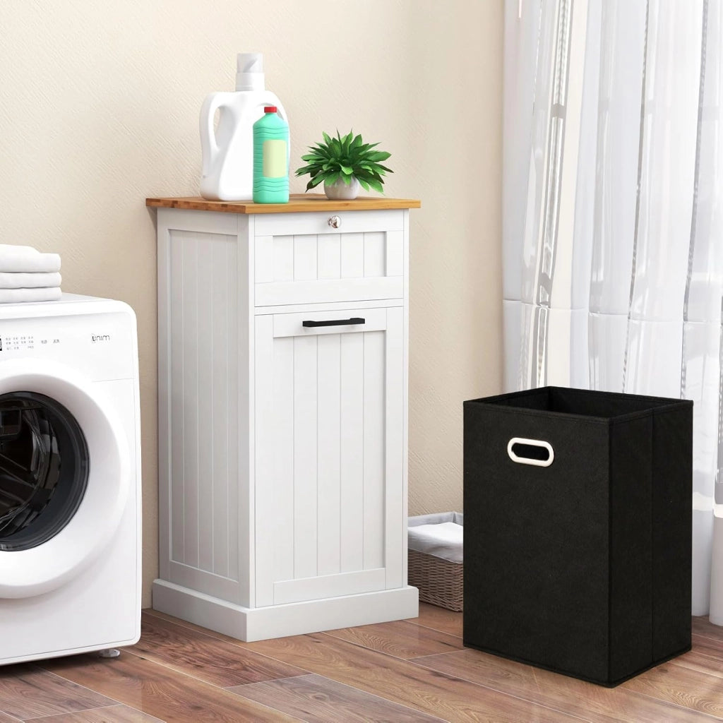 Armadio per Lavanderia in Legno con Cassetto e Cesto Estraibile per Biancheria, 40 x 37 x 82 cm, per Bagno (Bianco)
