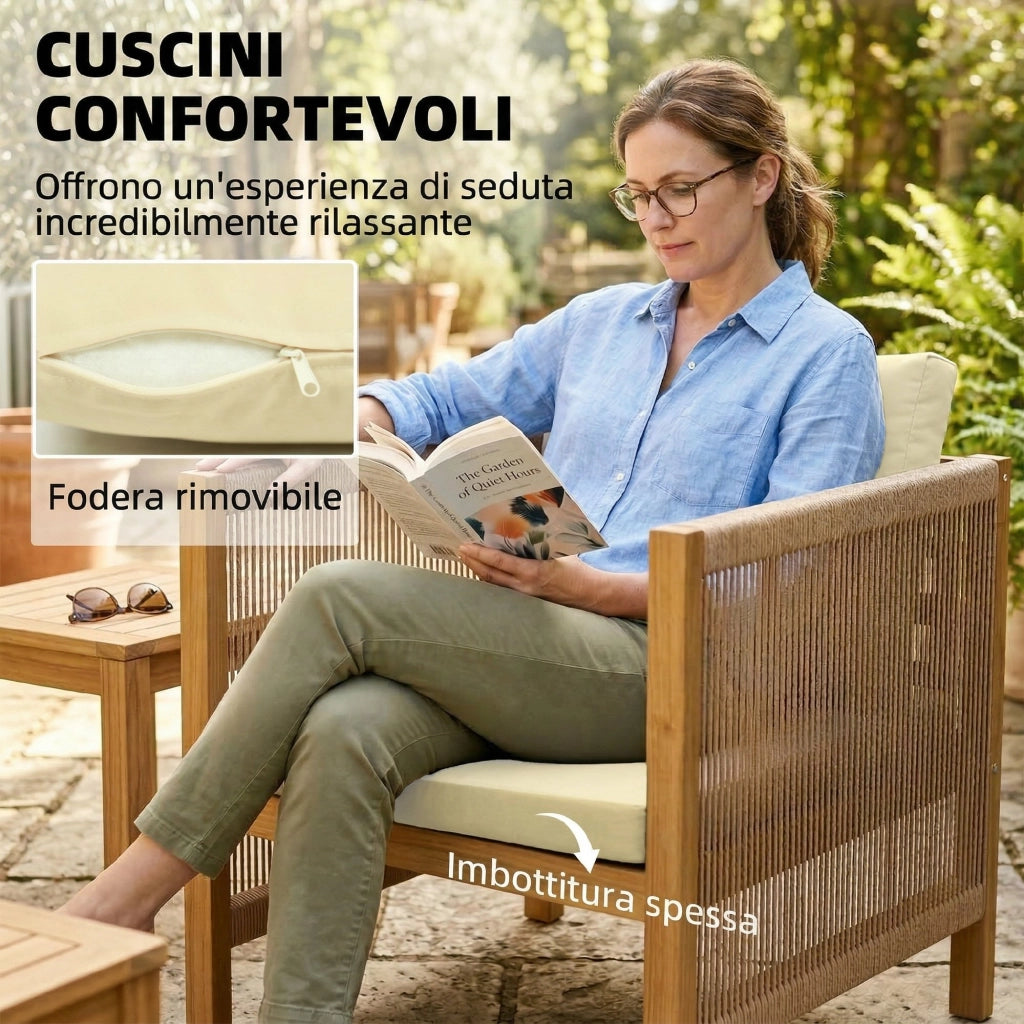 Set da Giardino 4 Pezzi. Legno di Acacia. Patio Conversazione con Cuscini Beige
