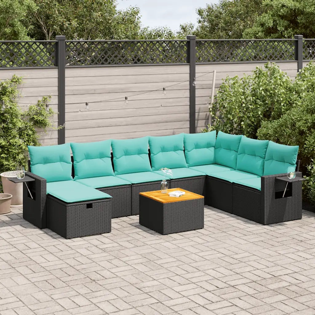 Set Divani da Giardino 9 pz con Cuscini Nero in Polyrattan