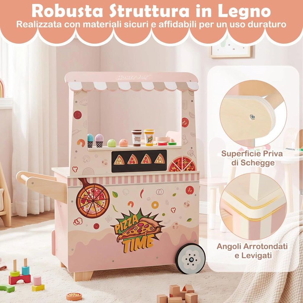 Carrello Pizza Giocattolo per Bambini, Carrello Gelato in Legno con Ruote, Distributore Automatico, Espositore e 41 Accessori, Centro Attività Montessori per Bambini 3+ Anni, 81 x 33 x 88 cm