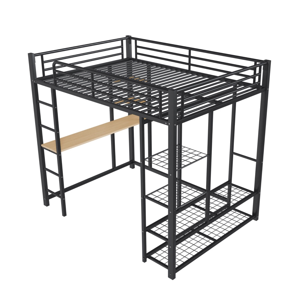 Letto a soppalco 140x200 cm con scrivania e ripiani in metallo nero