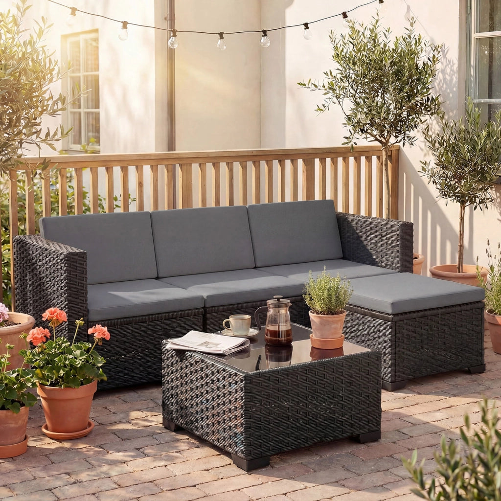 Set 5 Pezzi Salotto da Esterno con Divano Modulare e Tavolino con Piano in Vetro in Rattan PE Grigio